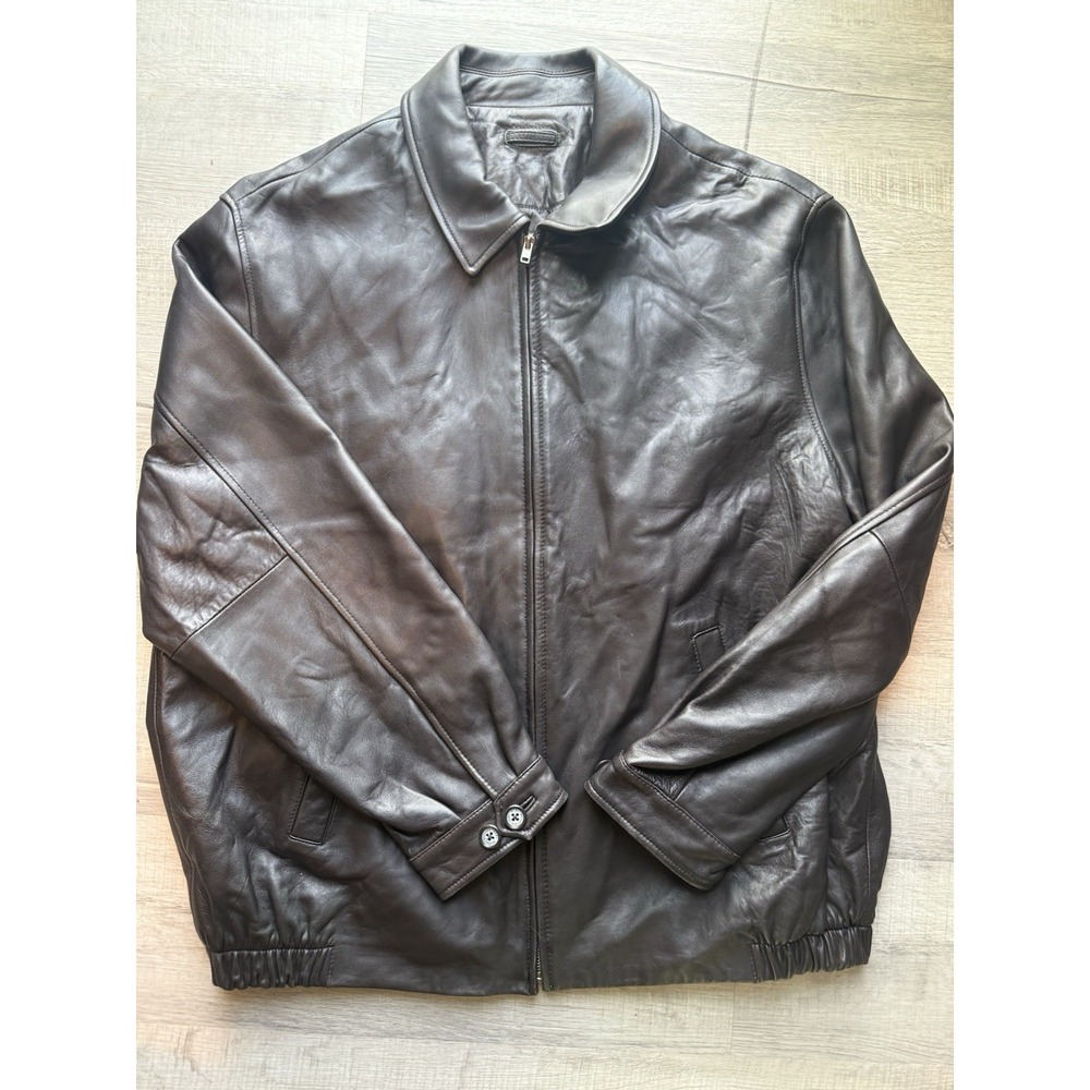Brooks Brothers Leather Harrington Jacket Size XL Dark Brown/light Black Zip Up